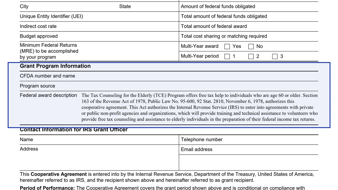 Grant Program Information on page 1 of Form 9661: Cooperative Agreement (TCE), as printed by IRS