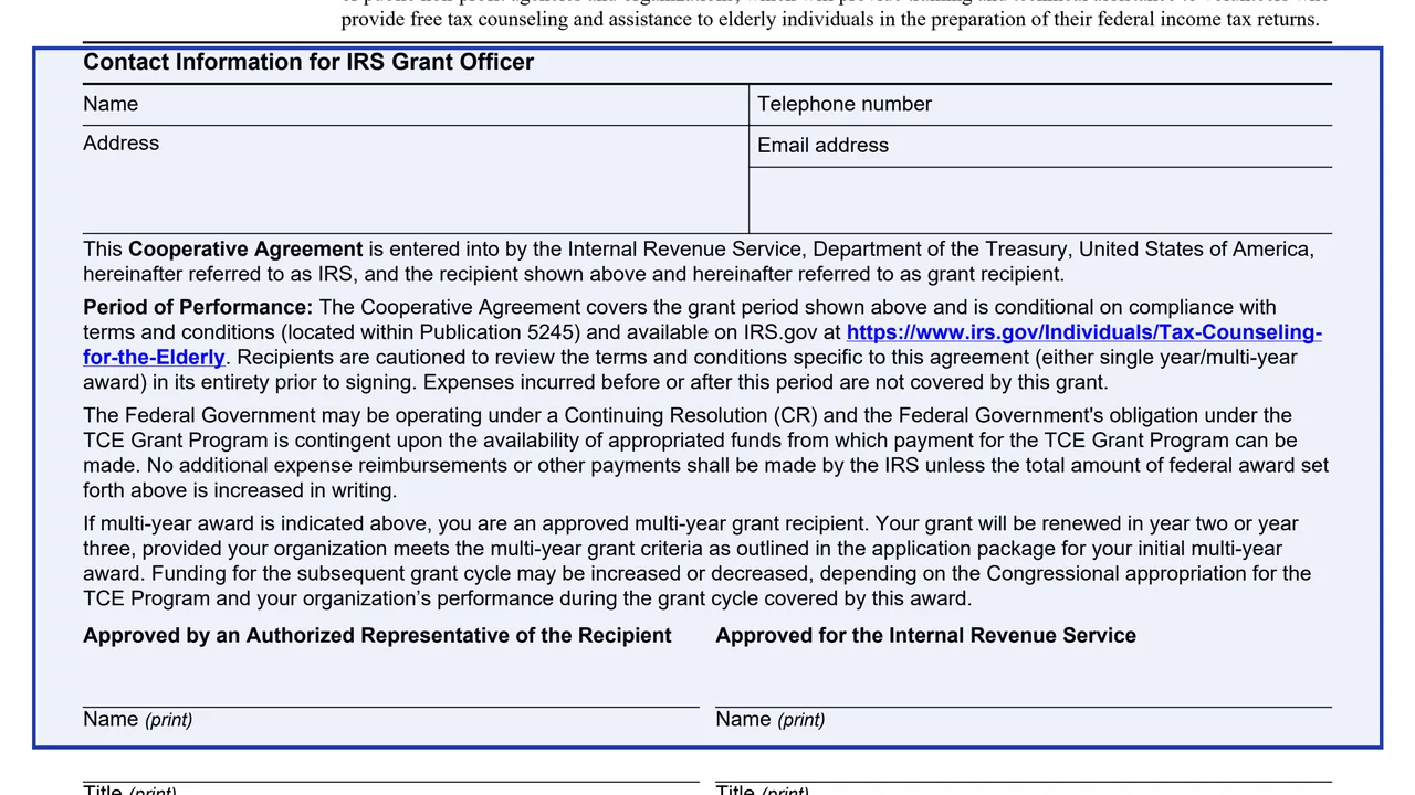 Contact Information for IRS Grant Officer on page 1 of Form 9661: Cooperative Agreement (TCE), as printed by IRS
