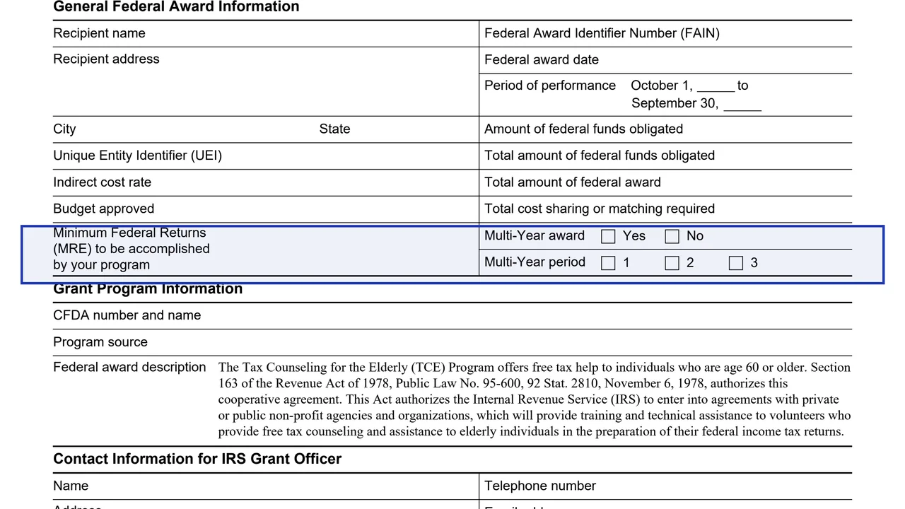 Multi-year award on page 1 of Form 9661: Cooperative Agreement (TCE), as printed by IRS