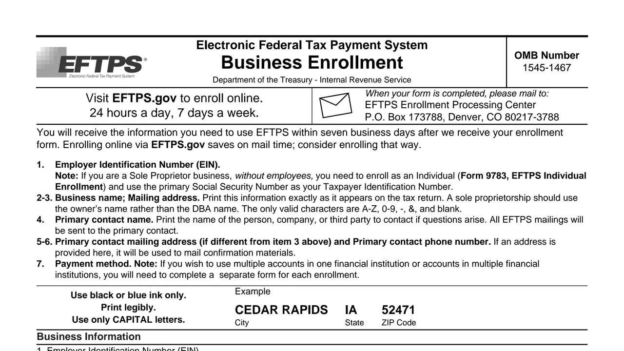 Top of page 1 of Form 9779: Electronic Federal Tax Payment System Business Enrollment, as printed by IRS