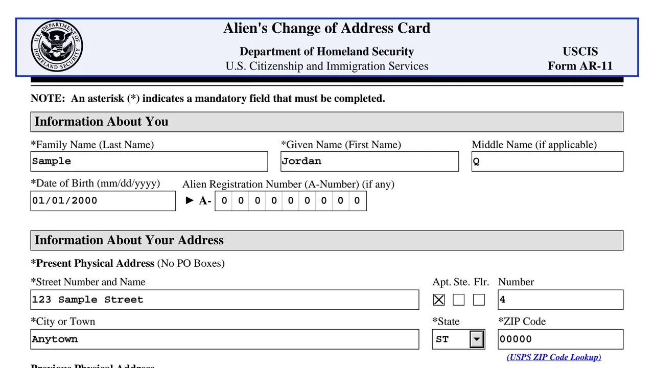 The Form AR-11 Alien's Change of Address Card, with the information, address and signature sections on page 1