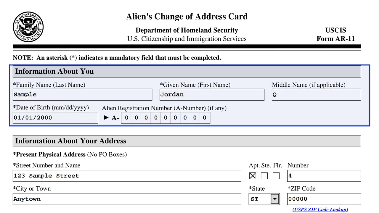 Form AR-11 Information About You with the mandatory name and date of birth fields and the A-Number
