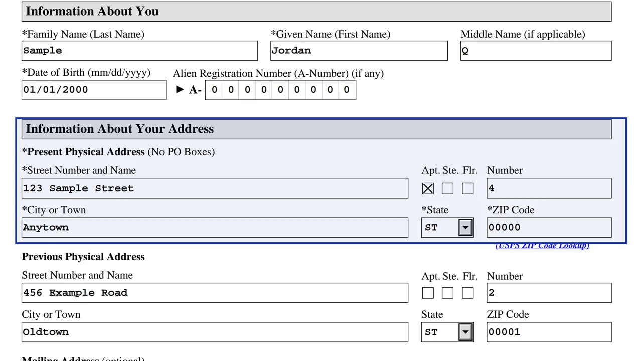 Form AR-11 Present Physical Address fields with the no-P.O.-box note