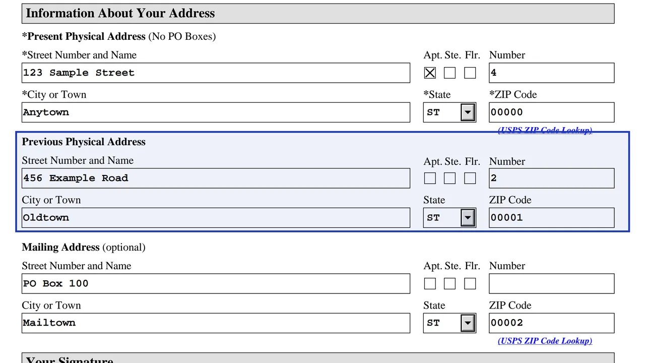 Form AR-11 Previous Physical Address fields