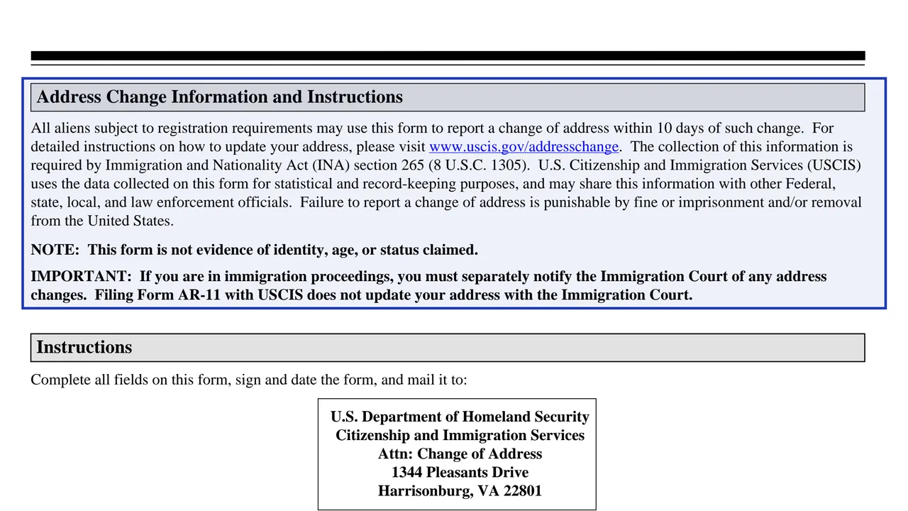 Page 2 of Form AR-11 with the reporting rule, the Harrisonburg mailing address and the immigration court reminder