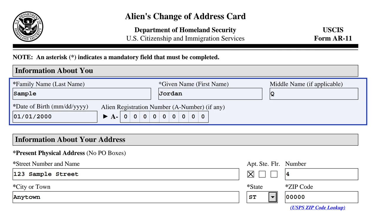 Form AR-11 name and date of birth fields filled in, using sample values