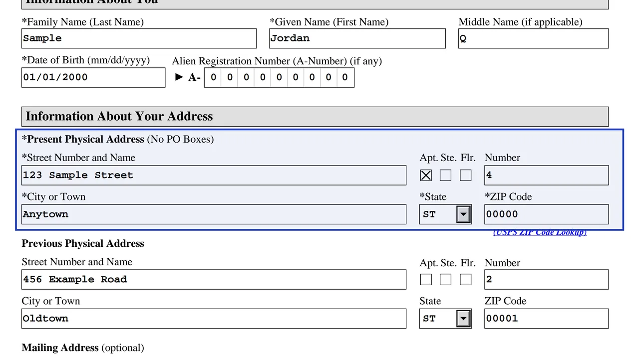 Form AR-11 present physical address with street, city, state and ZIP code, using sample values