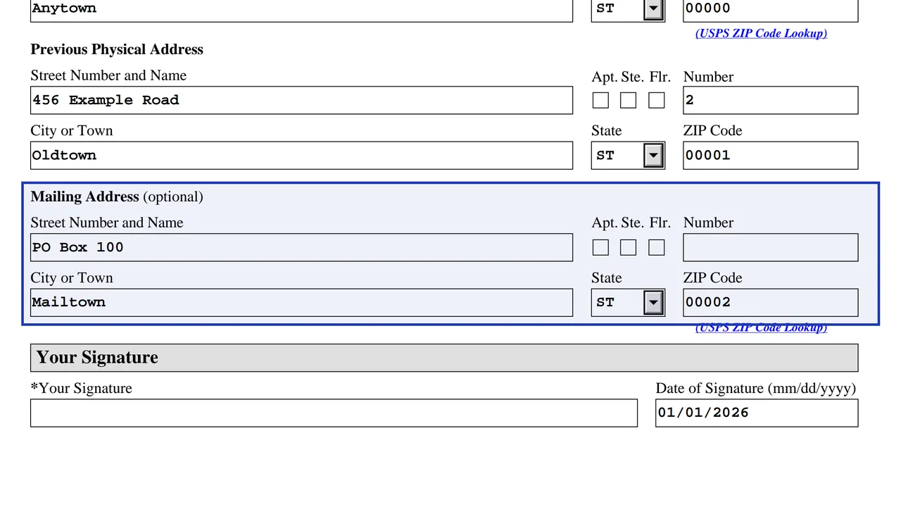 Form AR-11 optional mailing address filled in for mail that goes elsewhere, using sample values