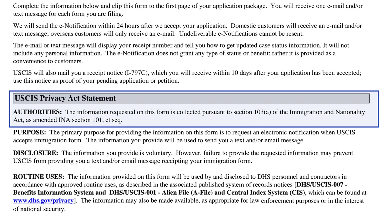 بلوک بیانیهٔ Privacy Act مربوط به USCIS در فرم G-1145