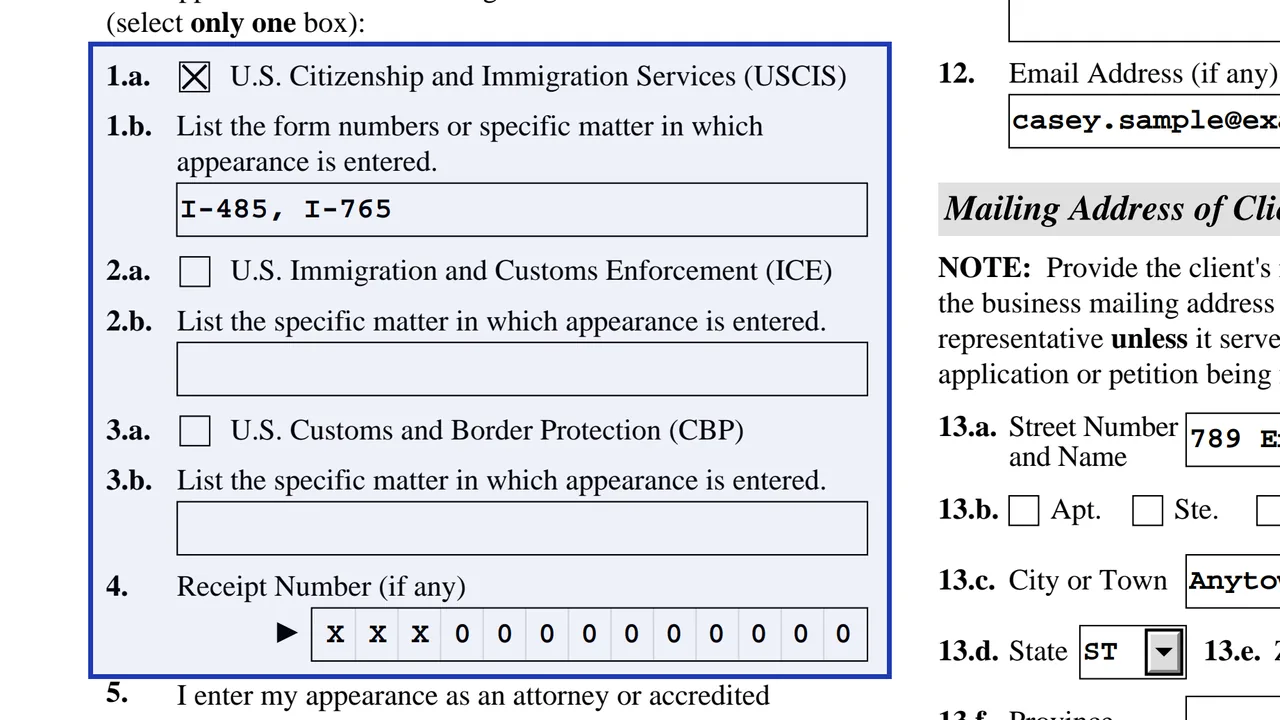 بخش ۳ فرم G-28 با کادر USCIS علامتخورده و شمارهٔ فرمهای ثبتشده در کنار آن؛ با مقادیر نمونه