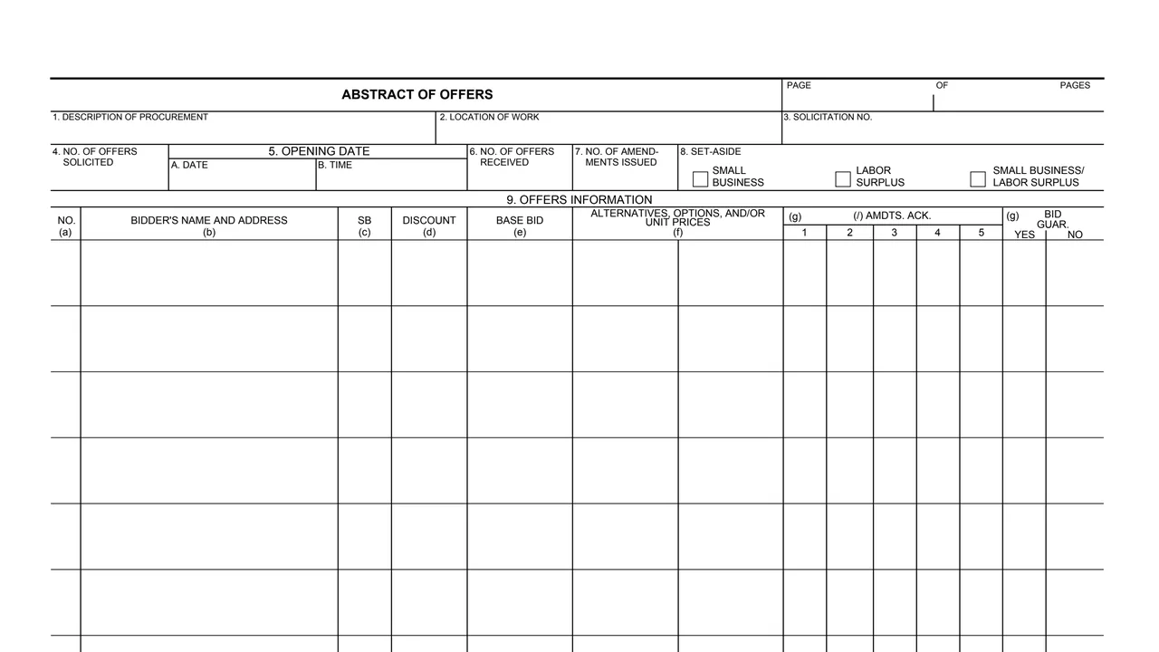 Top of page 1 of GSA Form 3471: Abstract of Offers, as printed by GSA
