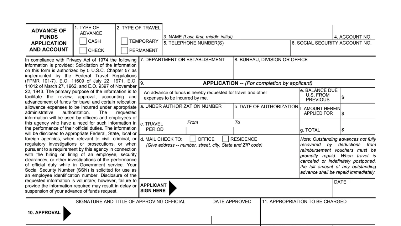 Top of page 1 of Standard Form 1038 (SF 1038): Advance of Funds Application and Account, as printed by GSA