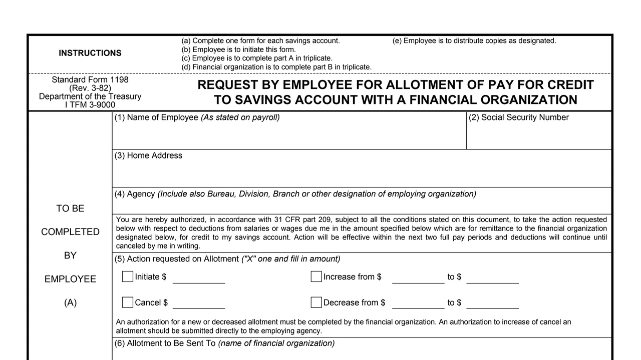 Top of page 1 of Standard Form 1198 (SF 1198): Request by Employee for Allotment of Pay, as printed by GSA