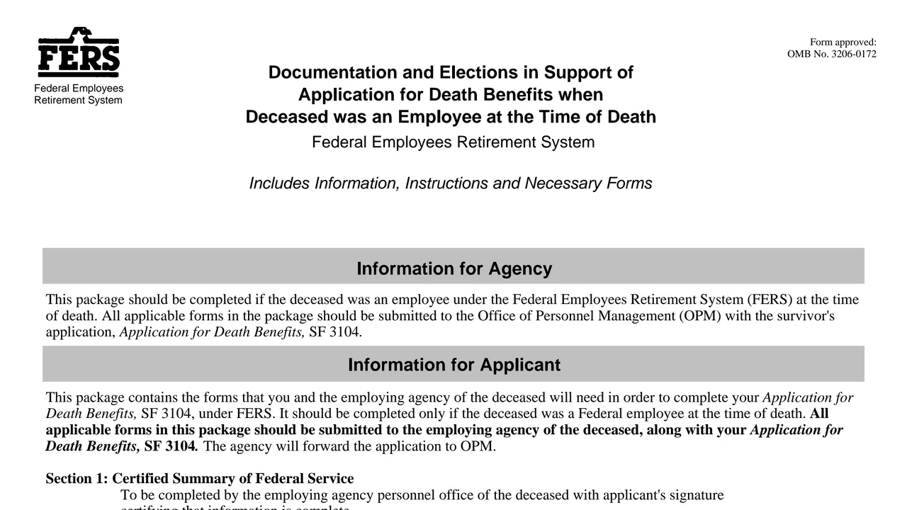 Top of page 1 of Standard Form 3104B (SF 3104B): Documentation and Elections for FERS Death Benefits, as printed by GSA