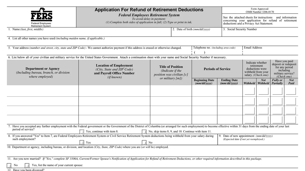 Top of page 1 of Standard Form 3106 (SF 3106): Application for Refund of Retirement Deductions (FERS), as printed by GSA