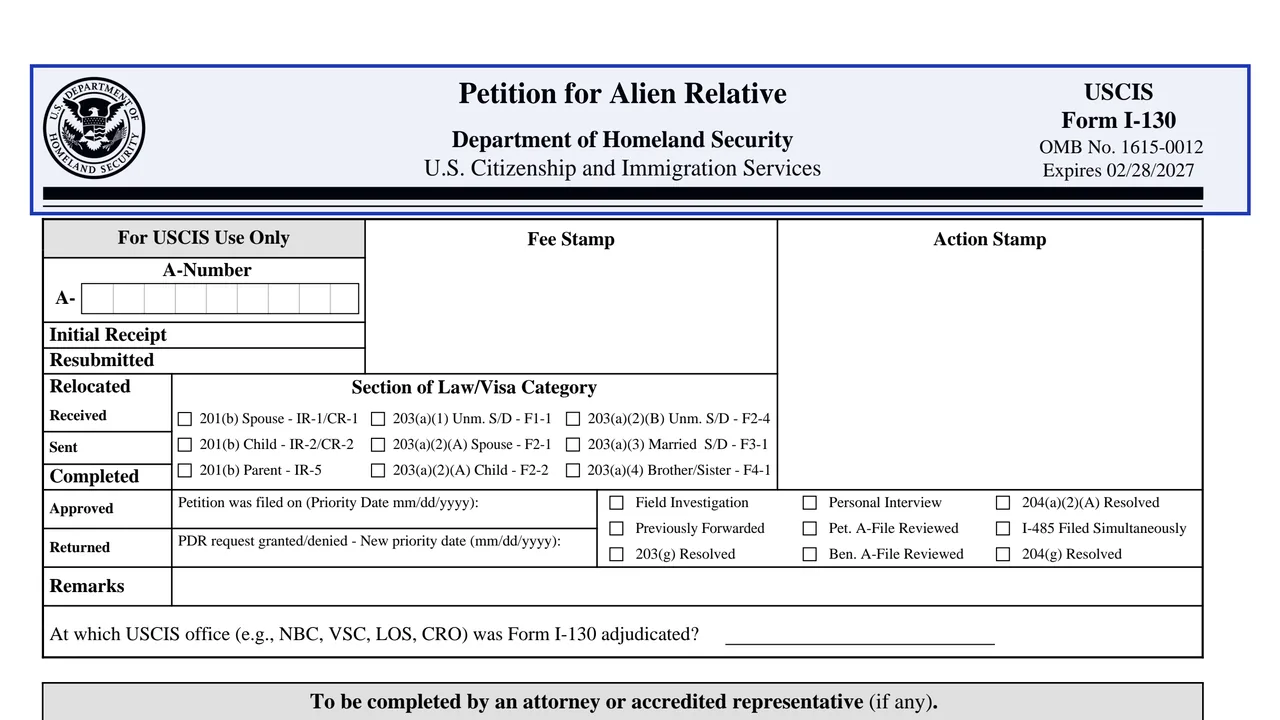 The title area of Form I-130 (edition 04/01/24) with the form name, agency and OMB number
