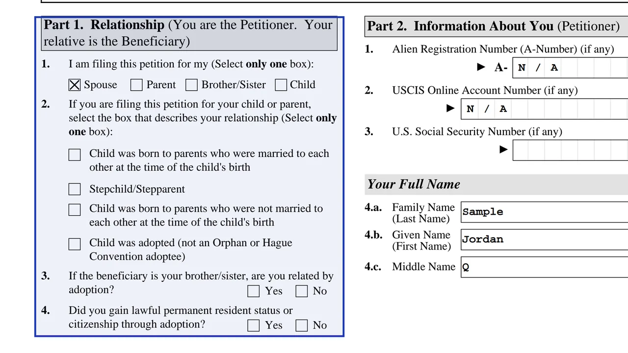 Part 1 of Form I-130 with the relationship boxes the petitioner checks