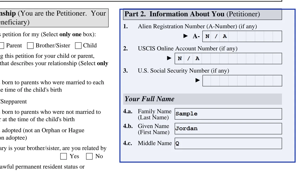 Part 2 of Form I-130 with the petitioner's name, A-Number, online account number and address fields