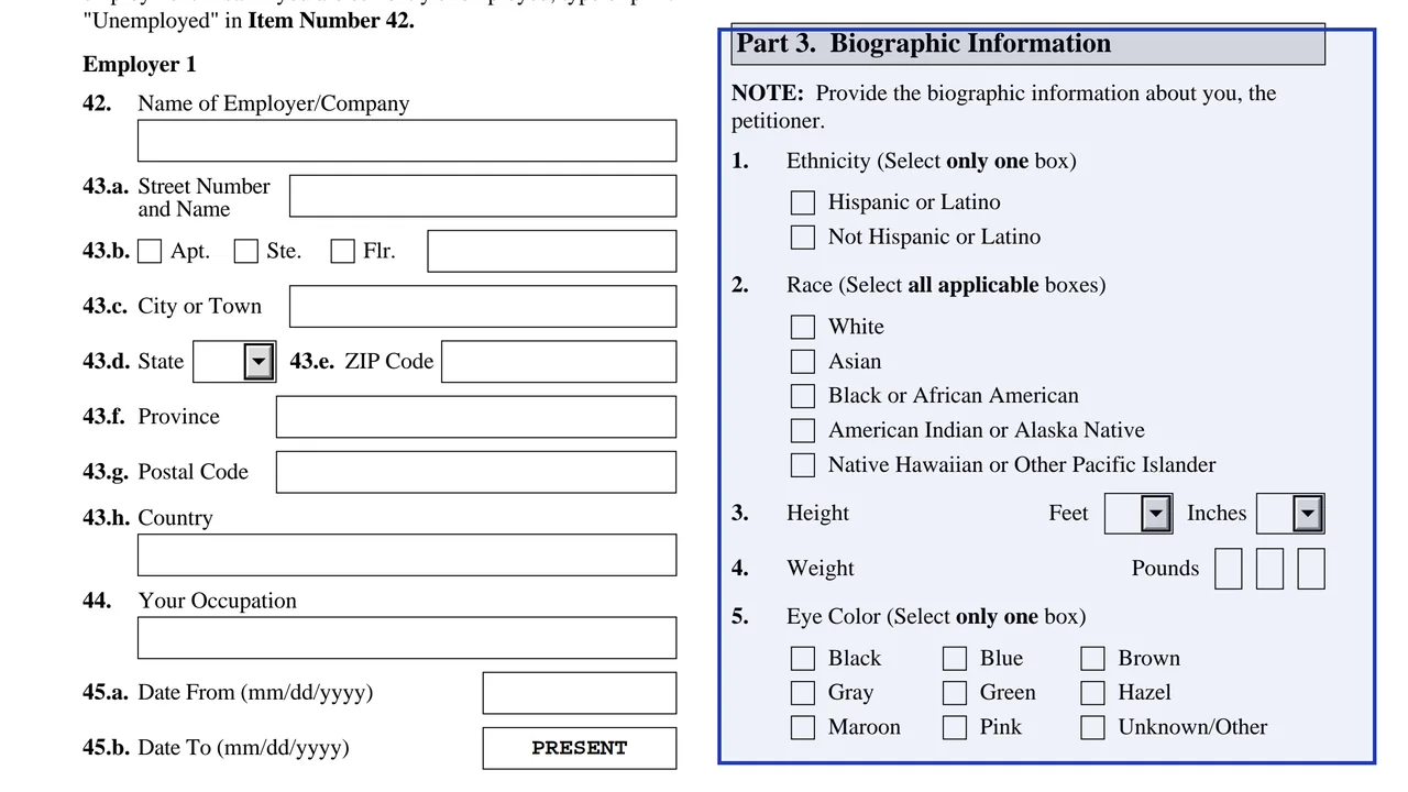 Part 3 of Form I-130 with ethnicity, race, height, weight, eye and hair color fields