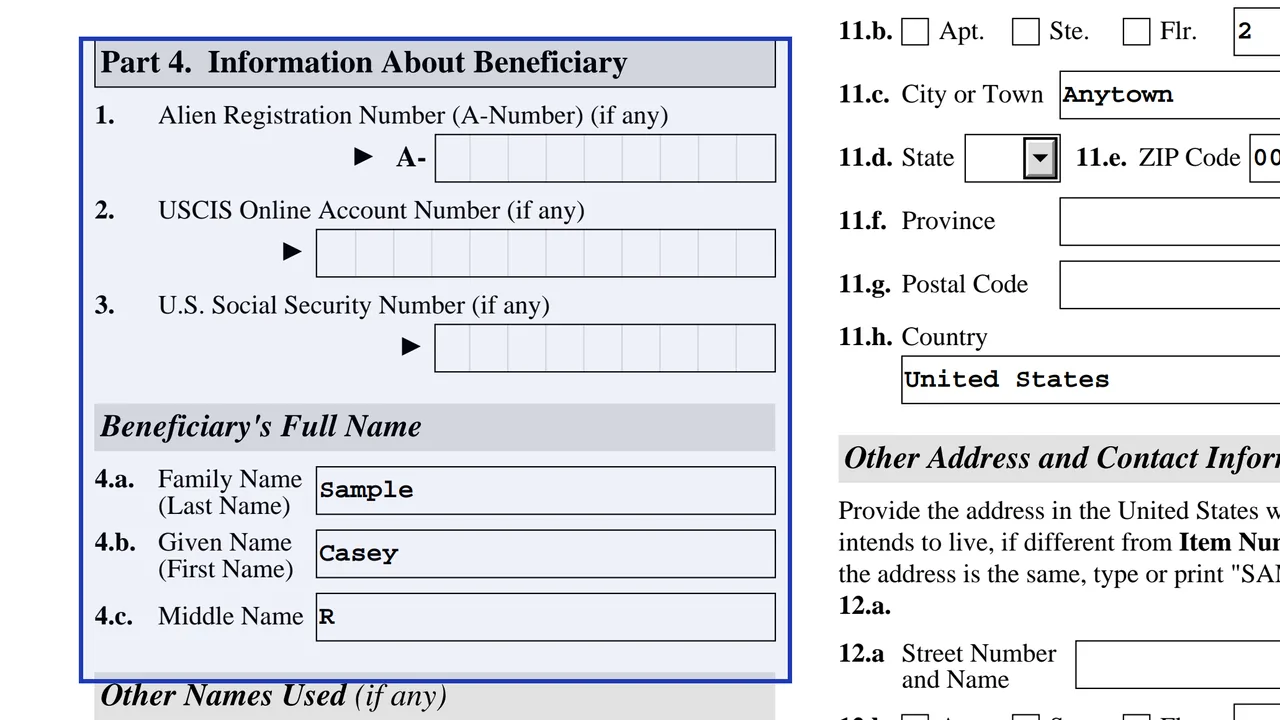 Part 4 of Form I-130 with the beneficiary's name, address, marital history and Questions 61 and 62
