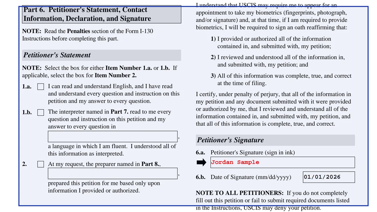 Part 6 of Form I-130 with the petitioner's statement, contact details and signature line