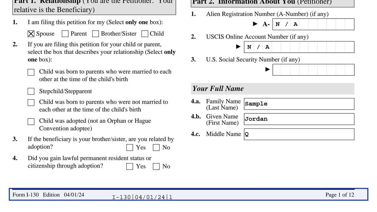 The bottom of a Form I-130 page showing the edition date 04/01/24 and page number