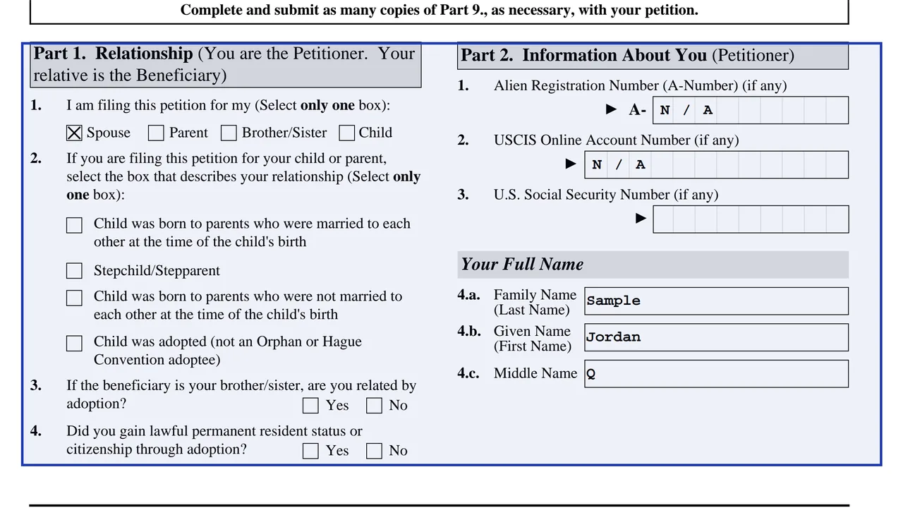 Parts 1 and 2 of Form I-130 being filled, with N/A written where a question does not apply