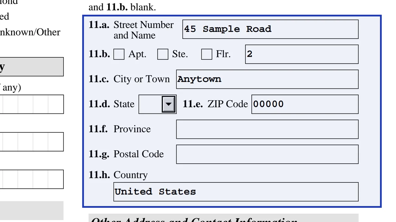 Part 4 of Form I-130 with the beneficiary's physical address entered in the address fields