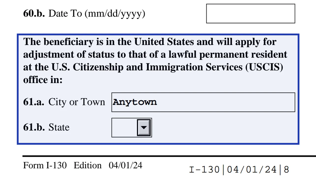 Question 61 of Form I-130 where the USCIS office city is entered for adjustment of status, filled with a sample city