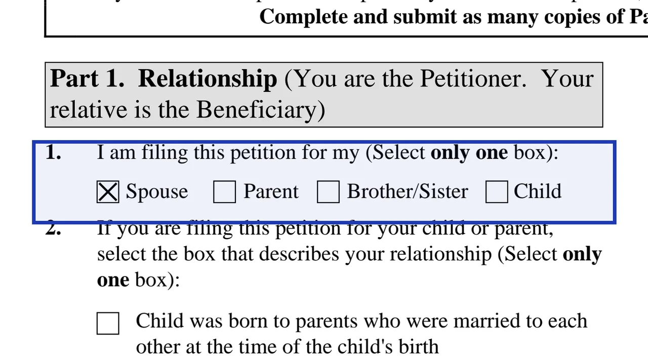 Part 1 of Form I-130 with the Spouse box checked, the case that needs Form I-130A added