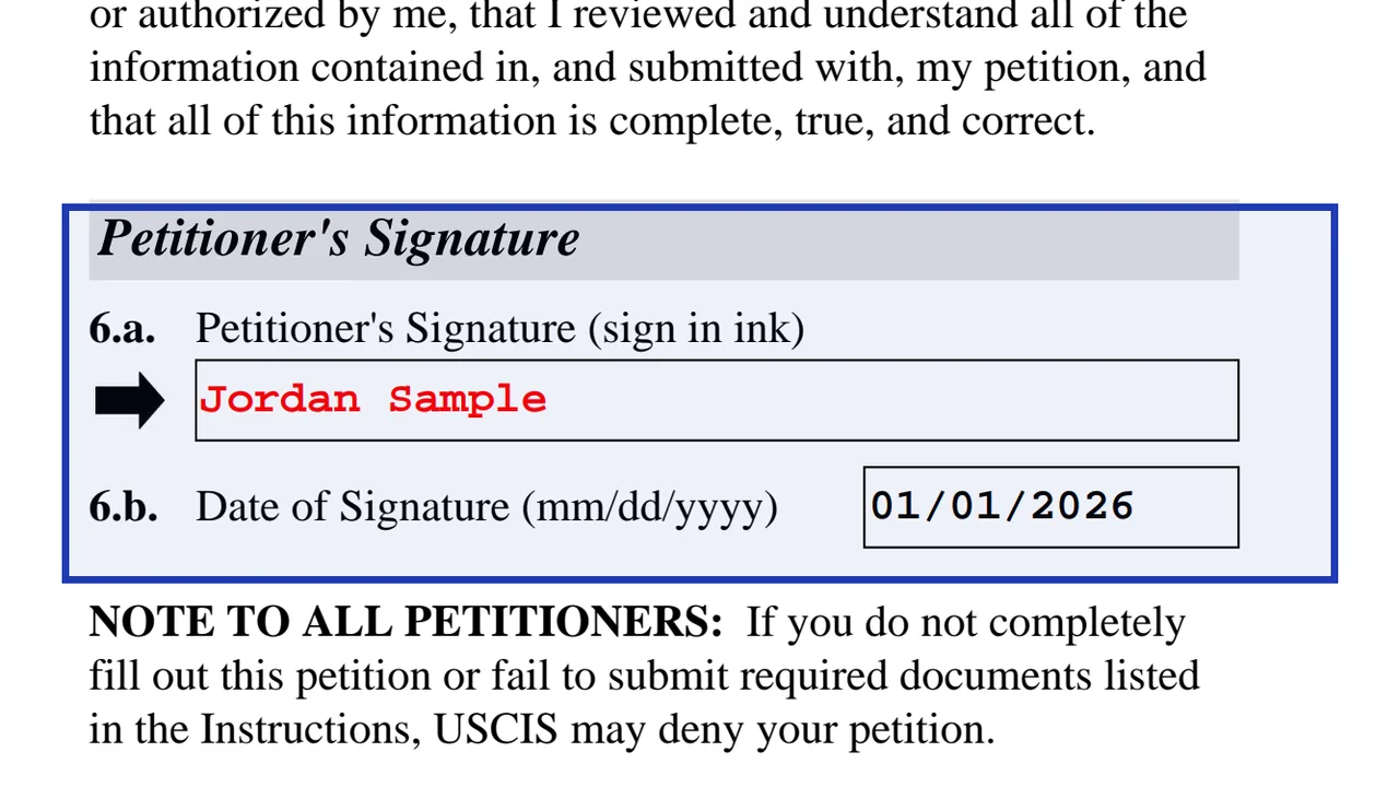 The petitioner's signature and date lines in Part 6 of Form I-130 with a sample signature entered