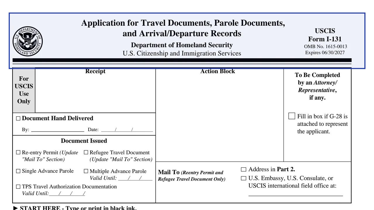 The title area of Form I-131 (edition 01/20/25) with the form name, agency and OMB number