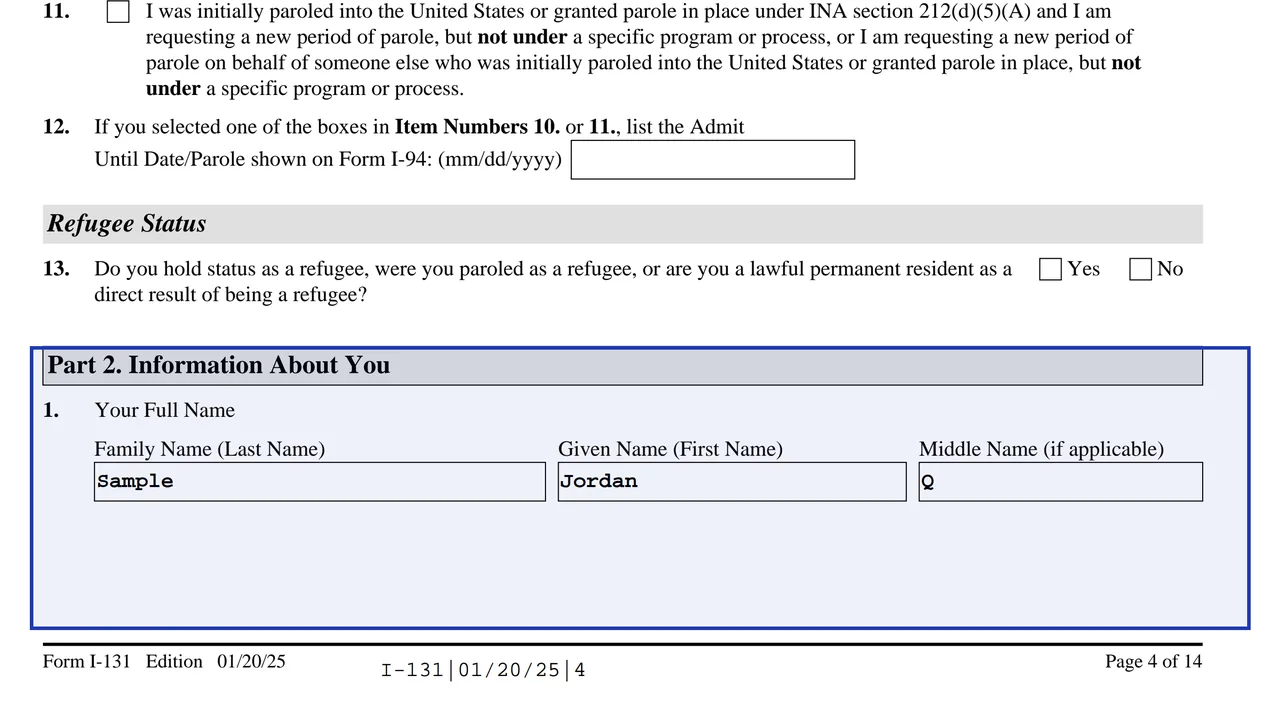 The start of Part 2 of Form I-131 with sample family, given and middle name fields entered