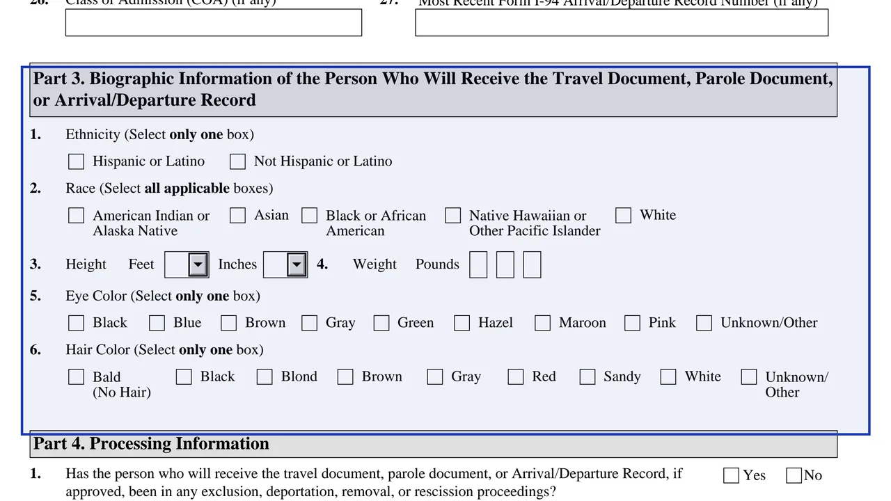 Part 3 of Form I-131 with ethnicity, race, height, weight, eye and hair color fields