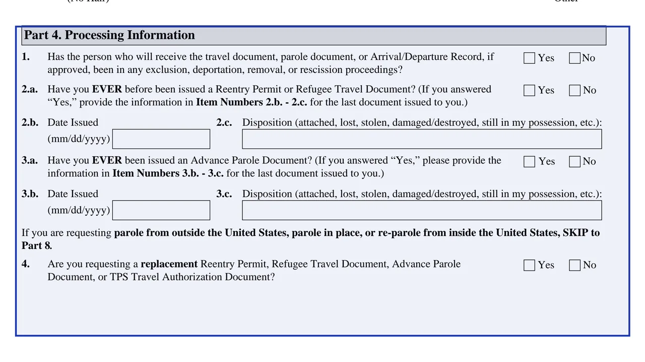 Part 4 of Form I-131 with questions about immigration court proceedings and any earlier travel document
