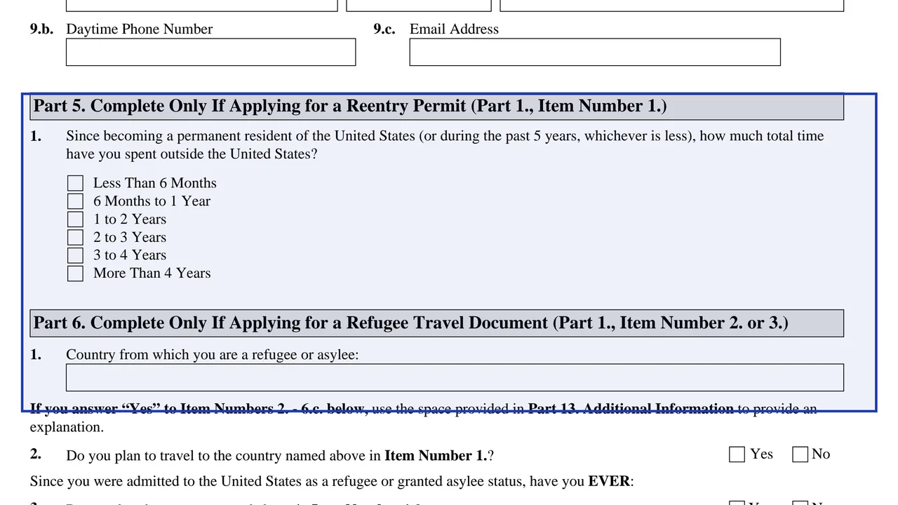 Parts 5 and 6 of Form I-131 for reentry permit and refugee travel document applicants