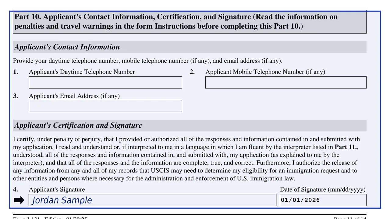 Part 10 of Form I-131 with the applicant contact fields, certification and a sample signature