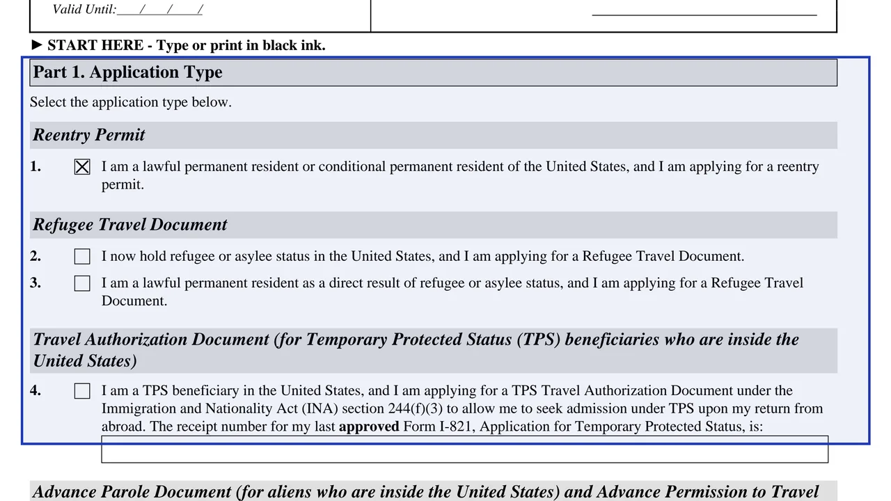 Part 1 of Form I-131 with exactly one application type box checked