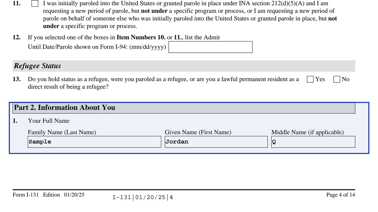 Item 1 of Part 2 of Form I-131 with a sample full name entered