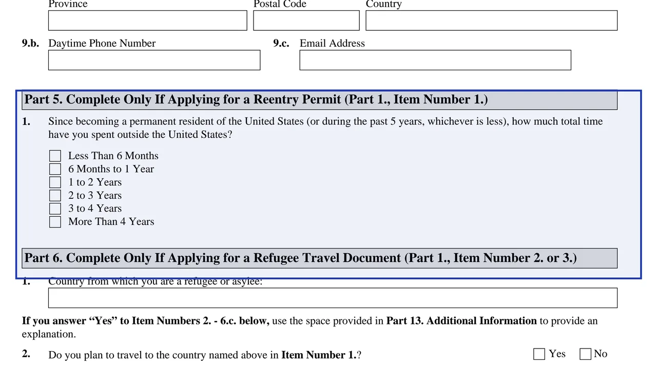 Parts 5 and 6 of Form I-131, each opening with a note saying only some application types complete it