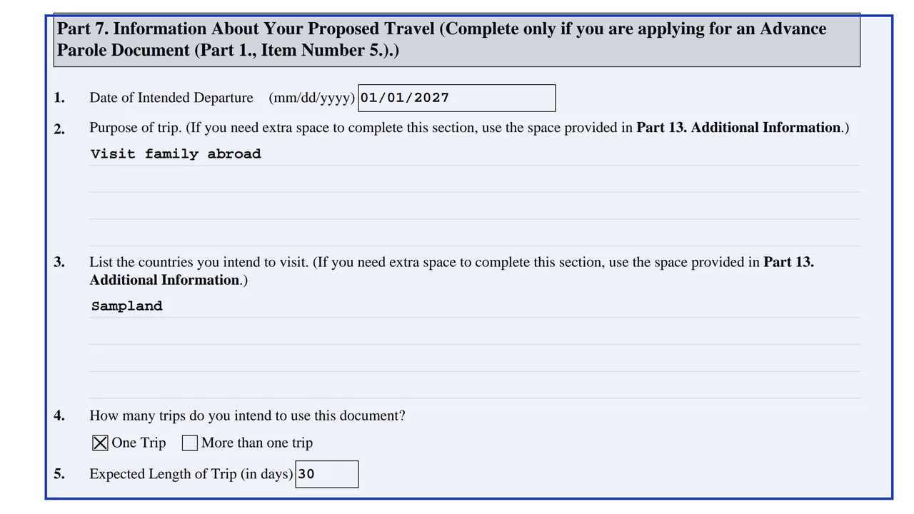 Part 7 of Form I-131 with a sample departure date, purpose, country, one trip and length of trip entered