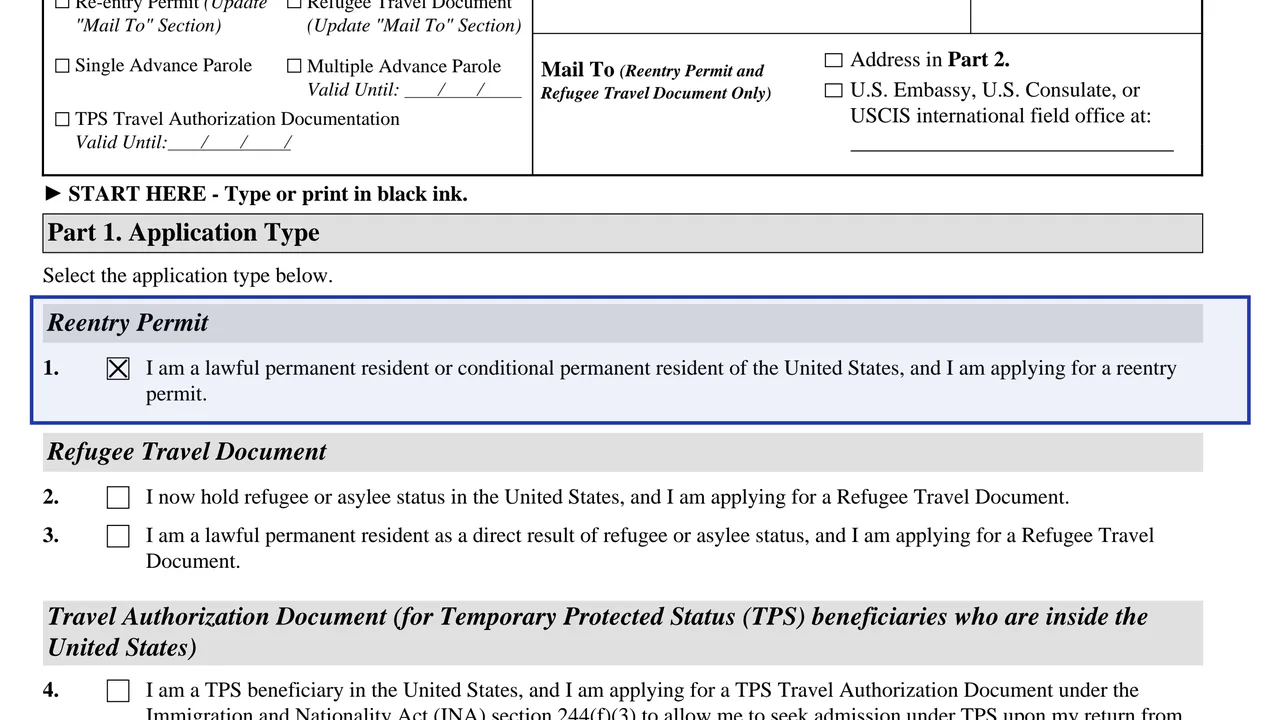 The reentry permit box in Part 1 of Form I-131, the application type that needs a copy of the Green Card as evidence