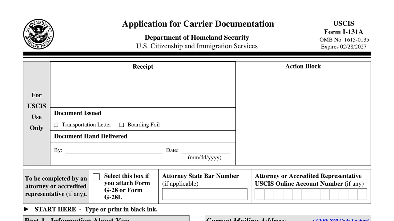 Top of page 1 of Form I-131A: Application for Carrier Documentation, as printed by USCIS
