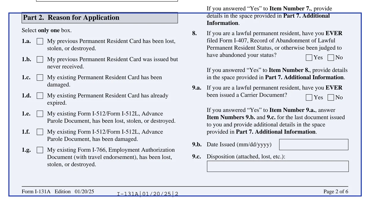 Part 2: Reason for application on page 2 of Form I-131A: Application for Carrier Documentation, as printed by USCIS
