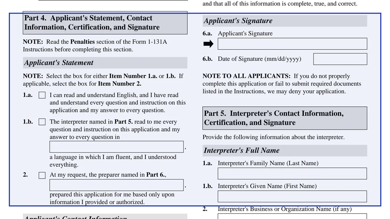 Part 4: Applicant's statement and signature on page 3 of Form I-131A: Application for Carrier Documentation, as printed by USCIS