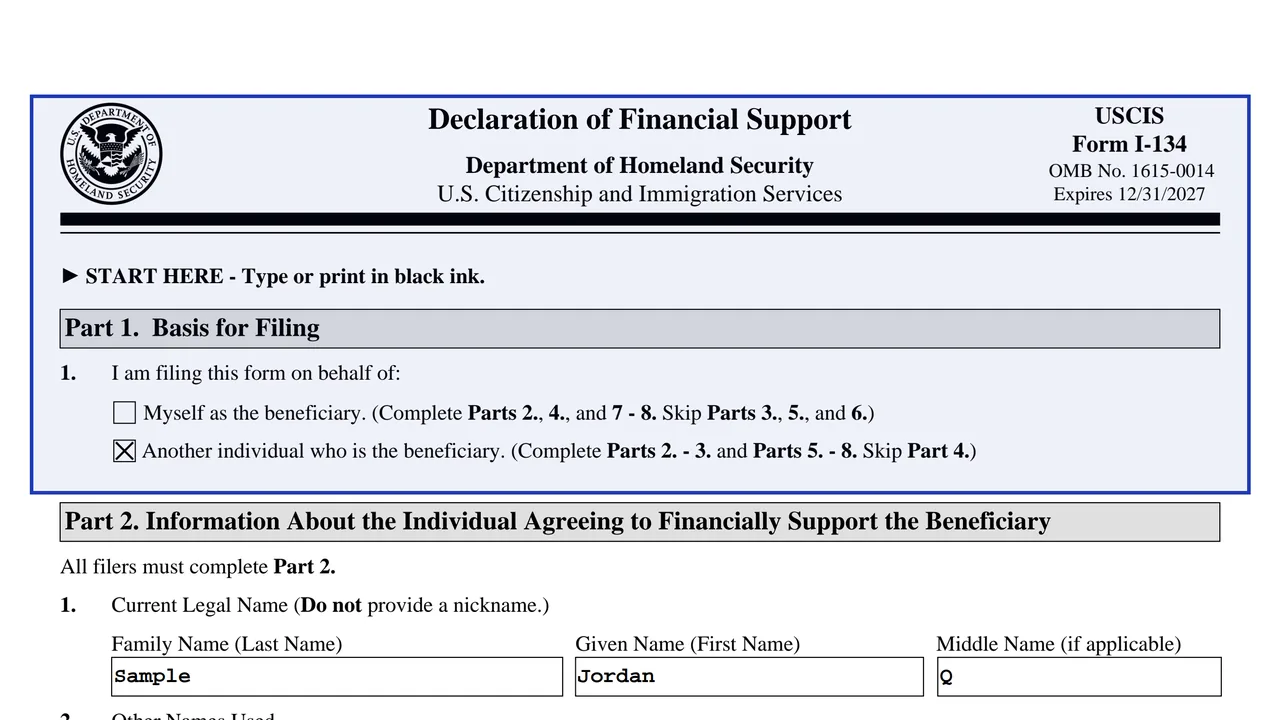 Page 1 of Form I-134, Declaration of Financial Support, with the title area and Part 1 basis for filing