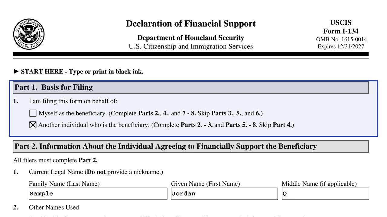 Part 1 of Form I-134 with the two basis-for-filing boxes, self-support and supporting a beneficiary