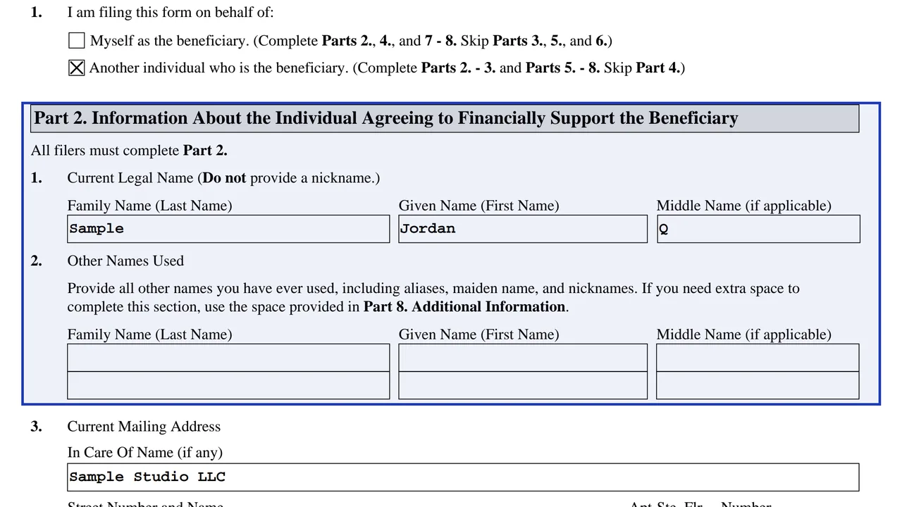 Part 2 of Form I-134 with the supporter's legal name, other names used and the start of the mailing address, using sample values