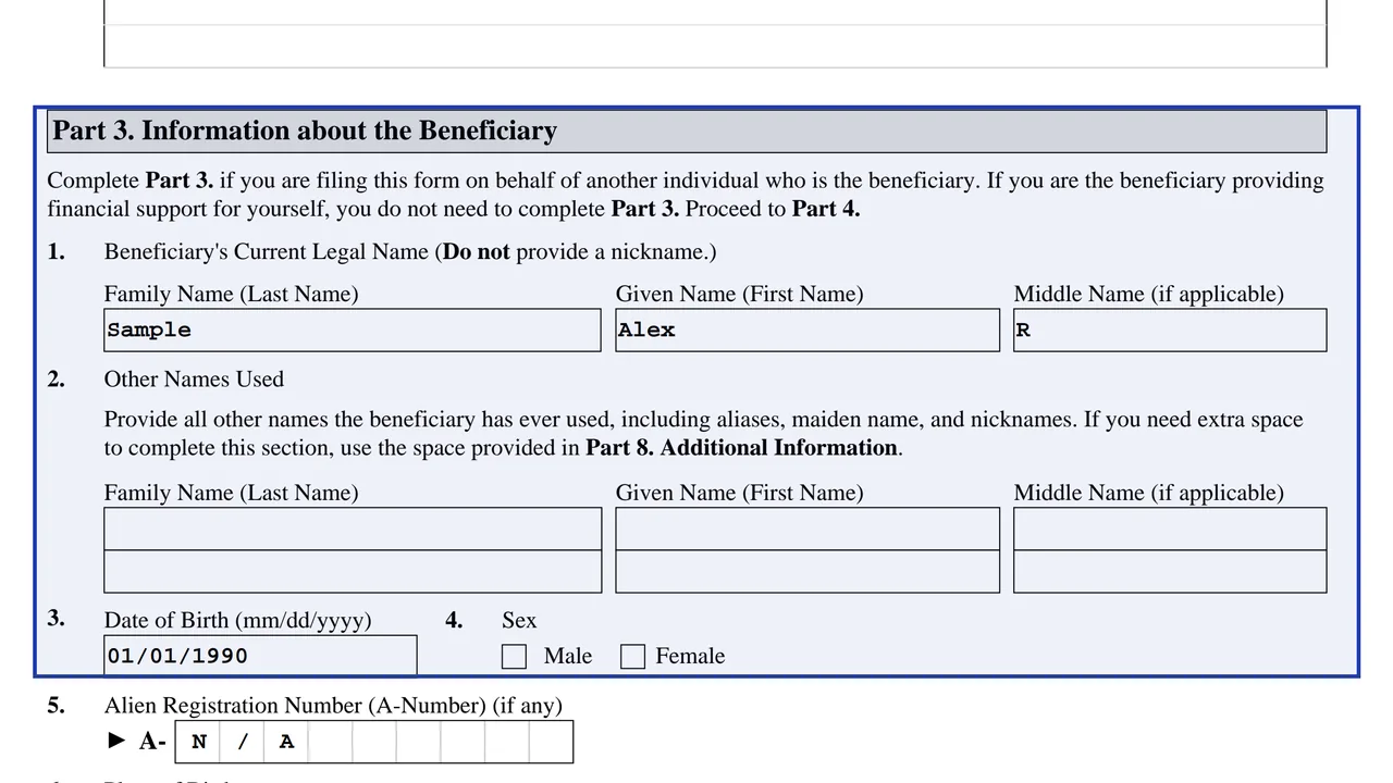 Part 3 of Form I-134 with the beneficiary's legal name, other names used, date of birth and sex, using sample values
