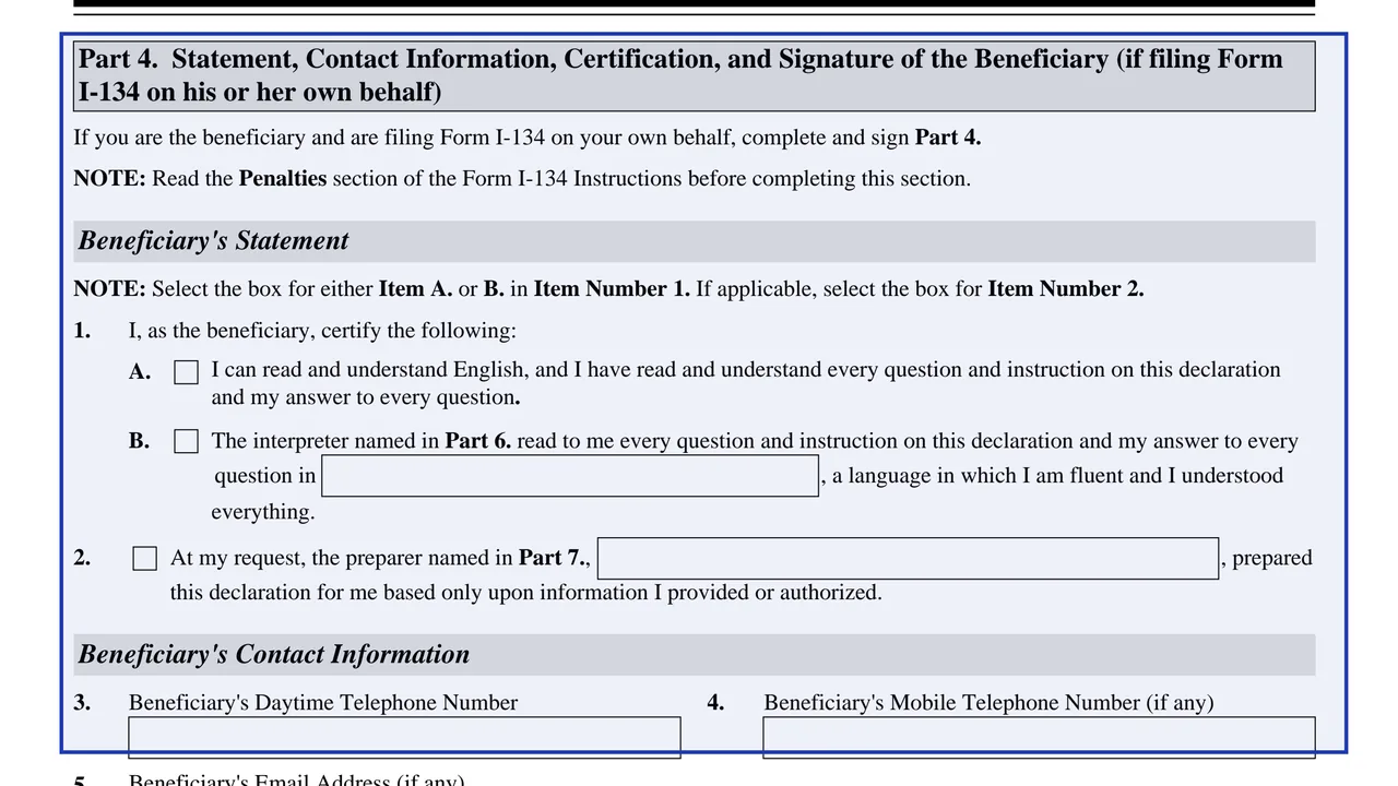 Part 4 of Form I-134, the beneficiary's statement with the language and preparer boxes and the phone lines